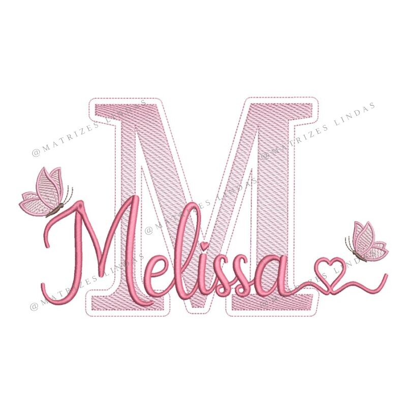 Matriz de Bordado - Nome Melissa Sobreposto com Borboletas 05